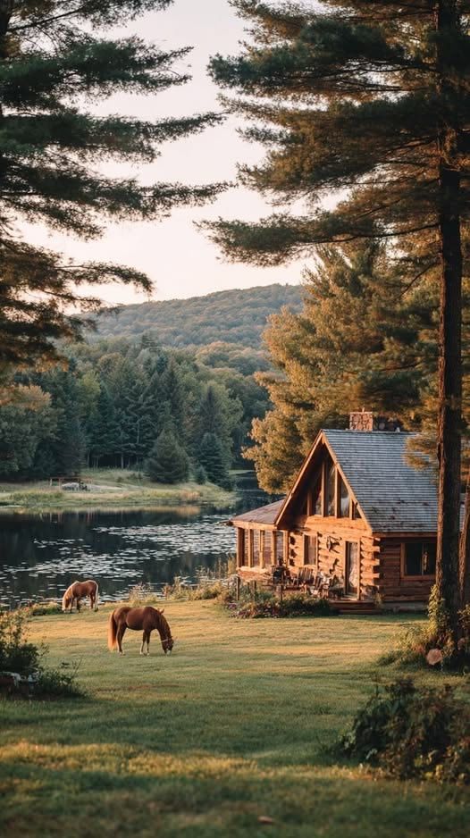 Casa de madera junto a un lago, rodeada de bosque
